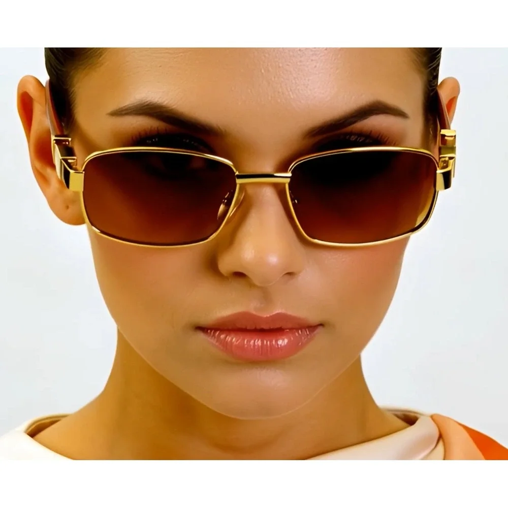 Women's Sunglasses Small Rectangular Sophisticated Gold Brown Lens Square Lentes